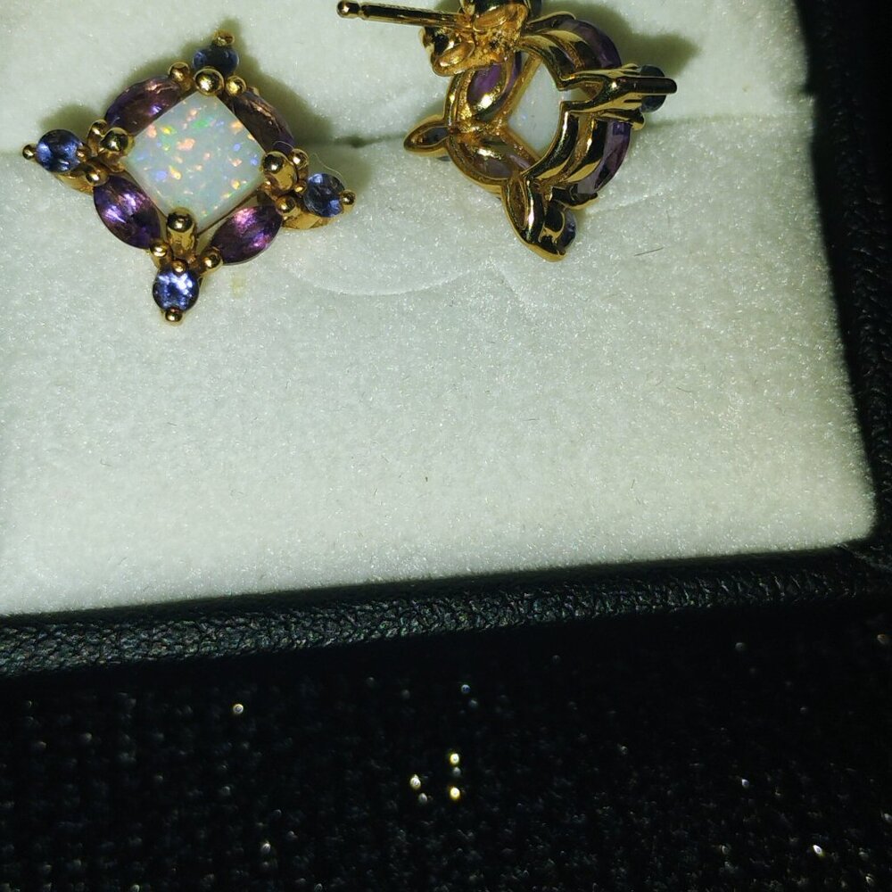 14k Solid Gold Opal And Multi Gem Stud Earrings - image 4